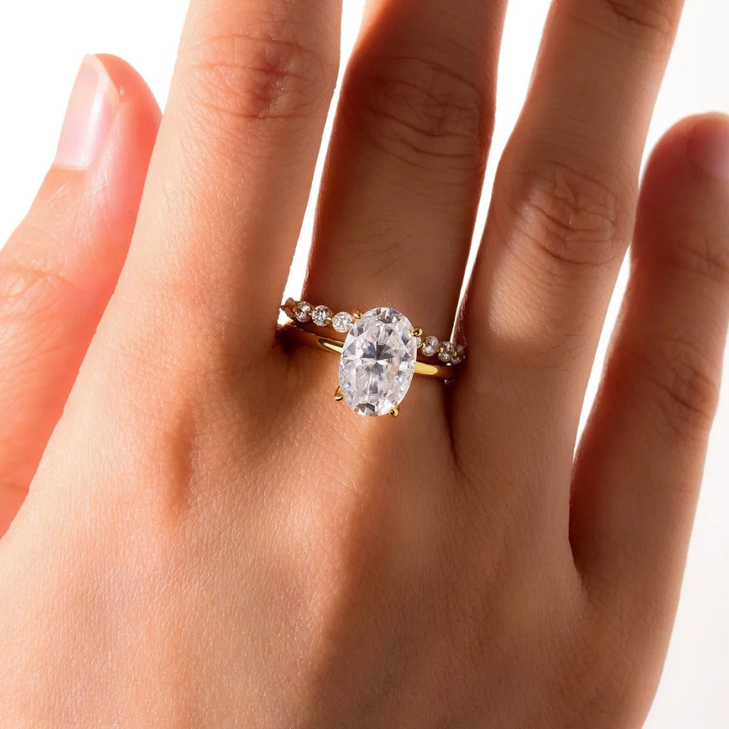 8x12mm Oval Moissanite Wedding Ring Set 18k Gold Plated 925 Sterling Silver Certified