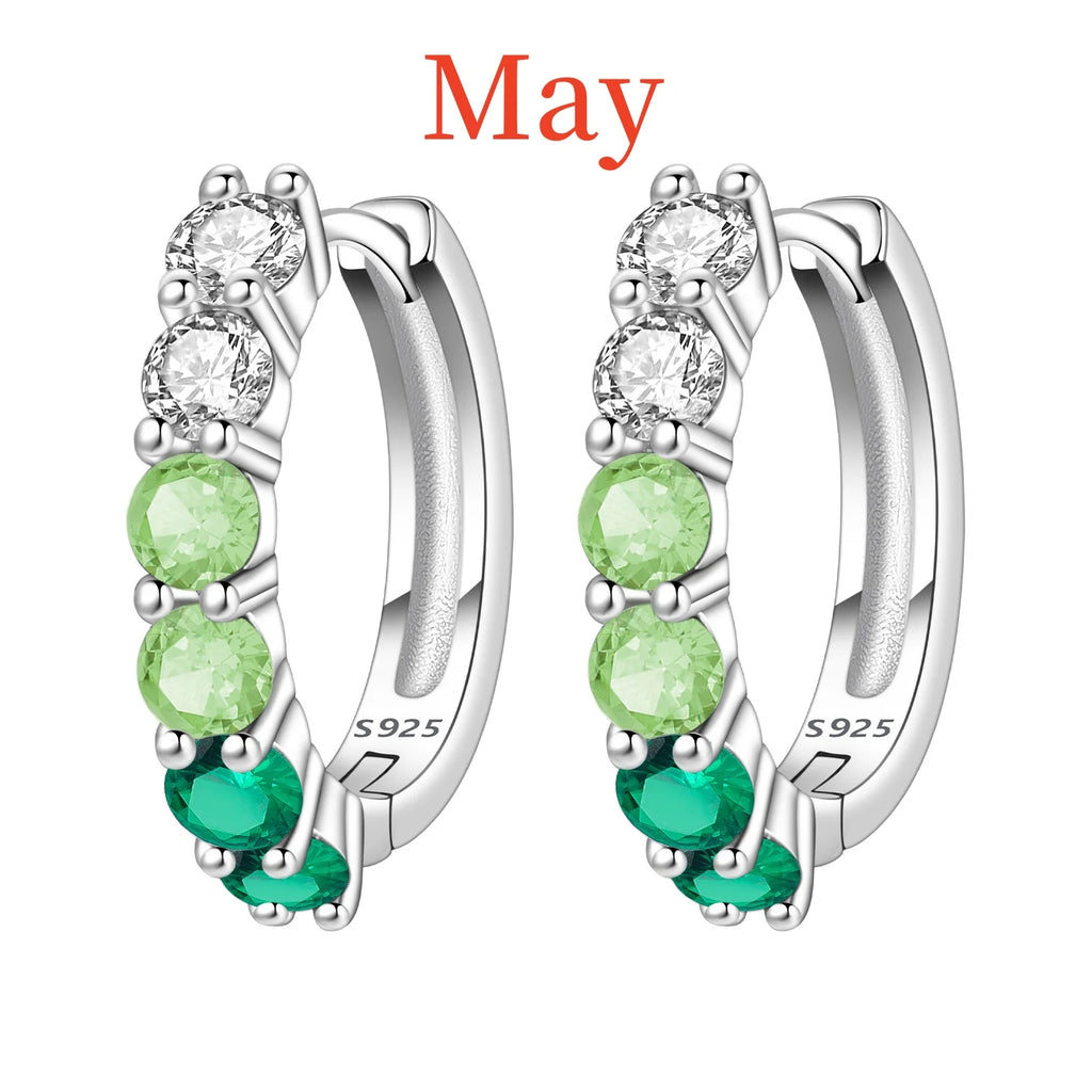 925 Sterling Silver Lucky Month Birthday Stone Hoop Earrings Trendy Jewellery