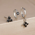 3PCS Gold Plated Chain Zircon Hanging Earrings Stainless Steel Flower