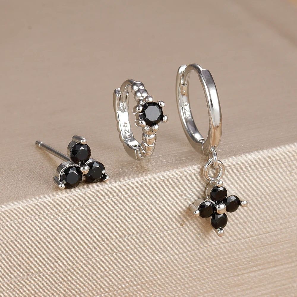 3PCS Gold Plated Chain Zircon Hanging Earrings Stainless Steel Flower
