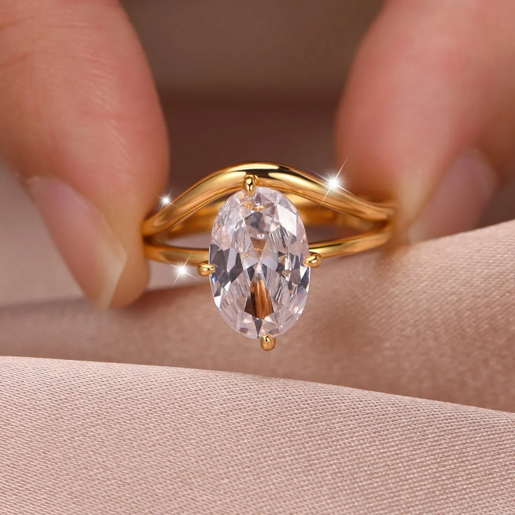 8x12mm Oval Moissanite Wedding Ring Set 18k Gold Plated 925 Sterling Silver Certified