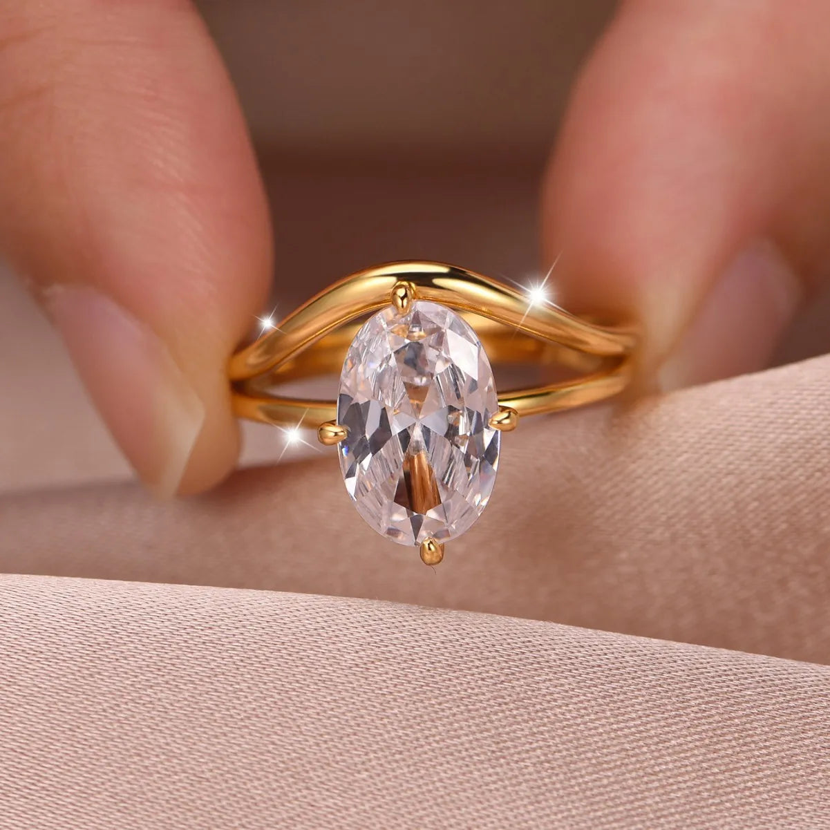 8x12mm Oval Moissanite Wedding Ring Set 18k Gold Plated 925 Sterling Silver Certified