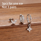 3PCS Korean Stainless Steel Butterfly Crystal Zirconia Hoop Earrings