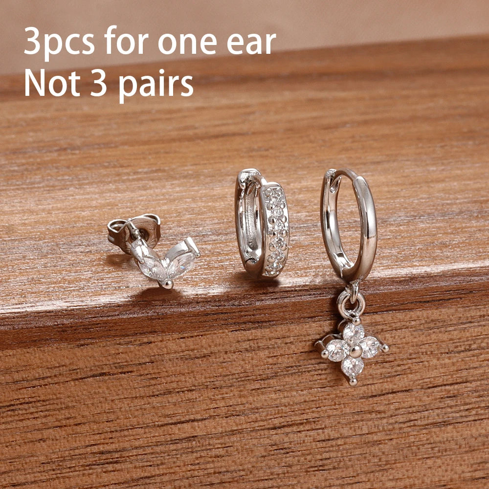 3PCS Korean Stainless Steel Butterfly Crystal Zirconia Hoop Earrings
