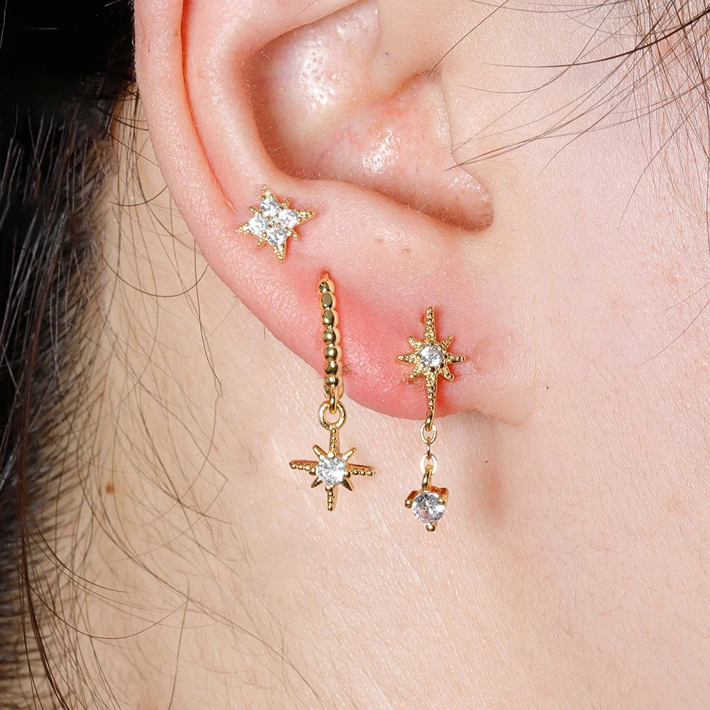 3PCS Gold Colour Star Earrings Set Zircon Pendant Stainless Steel