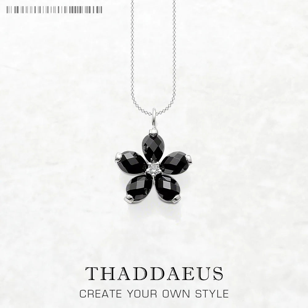 Black Petals Flower Necklace 925 Sterling Silver Romantic Fine Jewellery