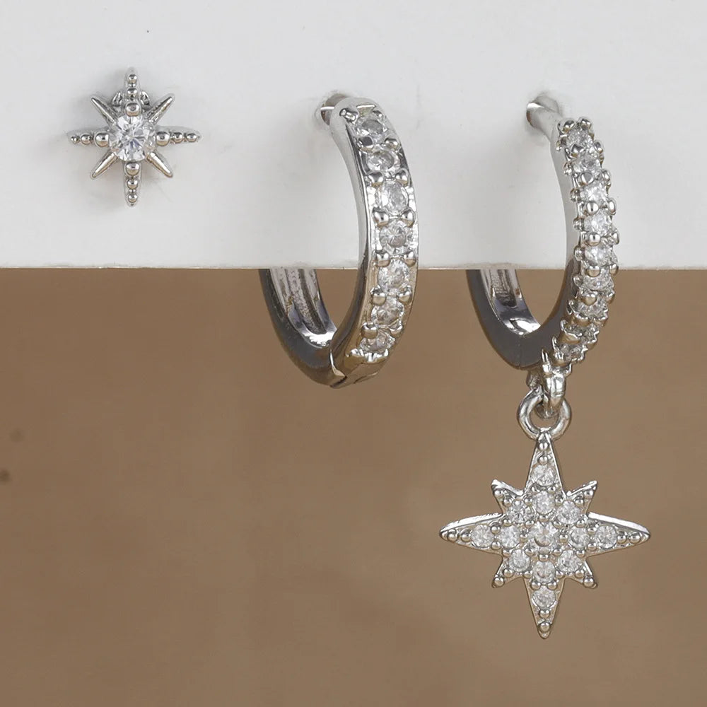 3PCS Gold Colour Star Earrings Set Zircon Pendant Stainless Steel