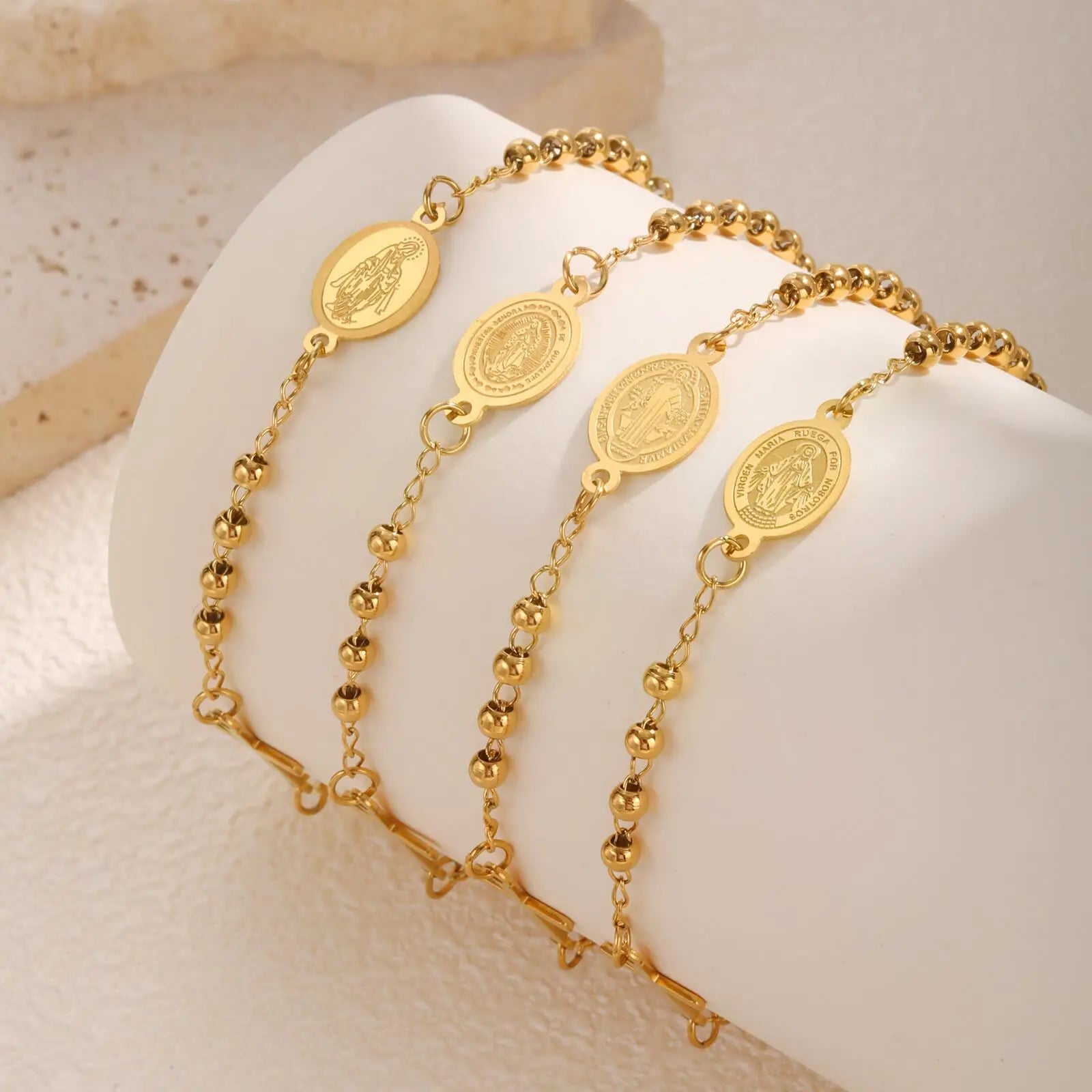 Stainless Steel Virgin Mary St Benedict Cross Bracelet, Bead Chain Bracelet Women Religious Jewelry