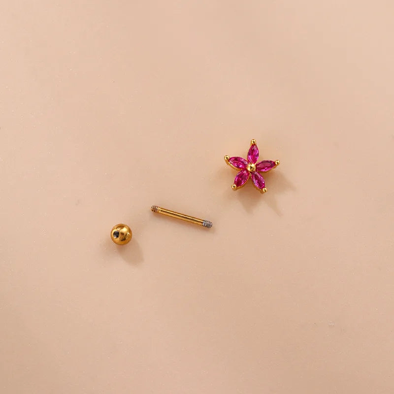 2PCS New Stainless Steel Rose Red Mini Piercing Stud Earrings