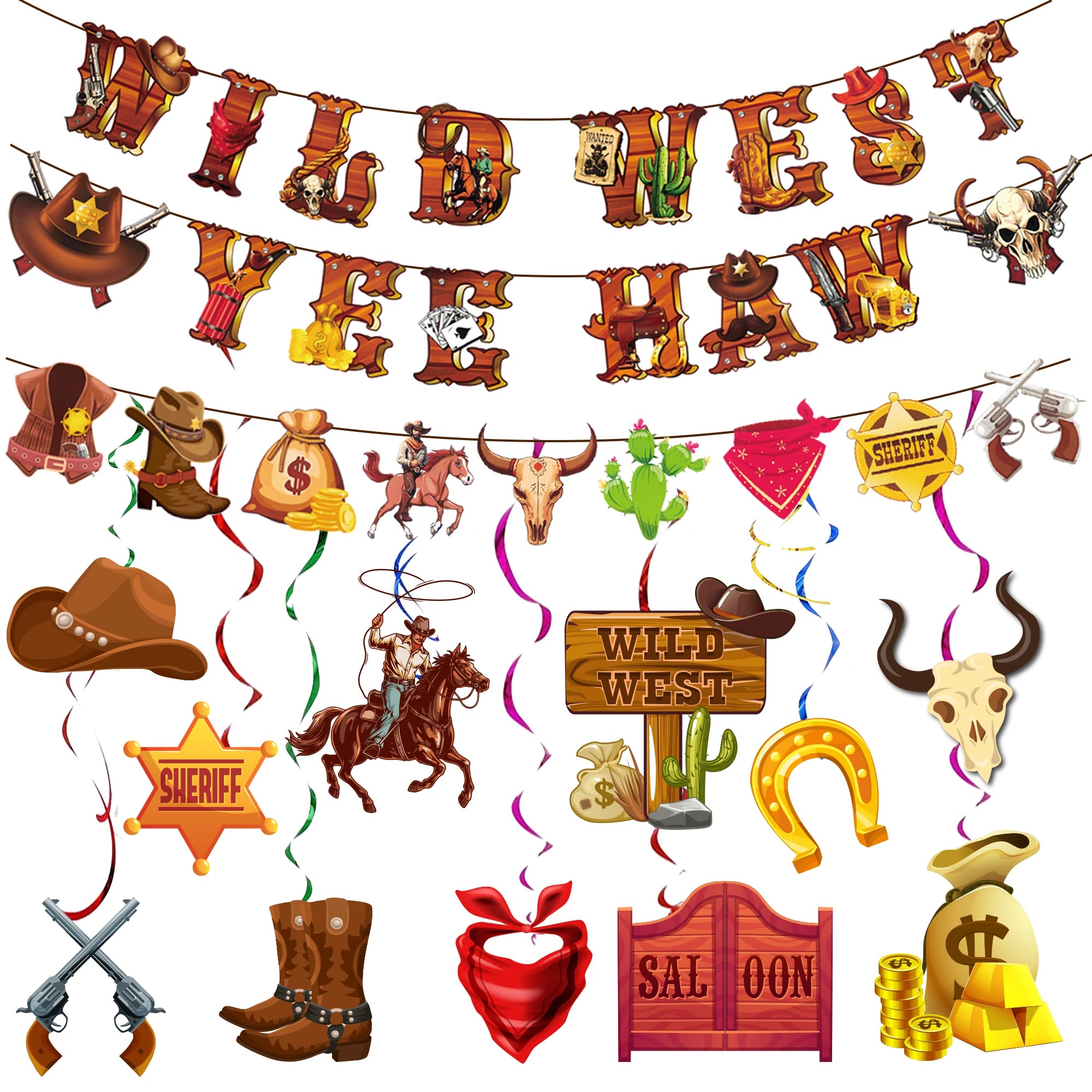 12pc Western Cowboy Party Decorations Hanging Swirls & Banner - Ship from UK