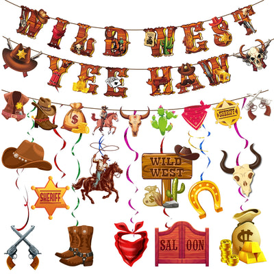 12pc Western Cowboy Party Decorations Hanging Swirls & Banner - Ship from UK