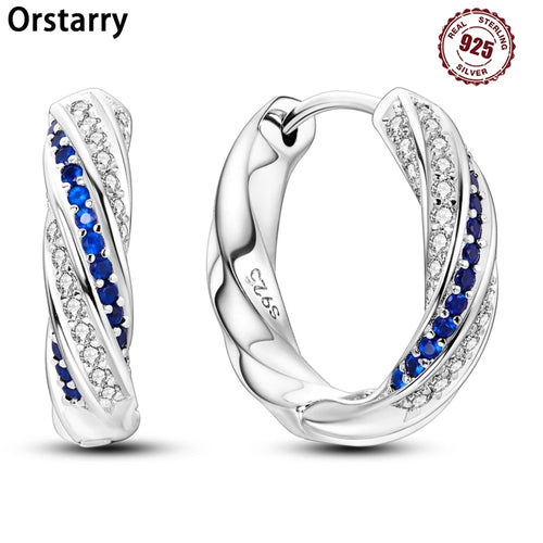 925 Sterling Silver Geometric Minimalist Blue Zircon Circle Hoop Earrings Gift
