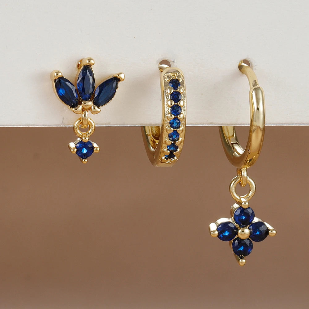 3PCS Fashion Orange Blue Zircon Hanging Earrings Stainless Steel Flower
