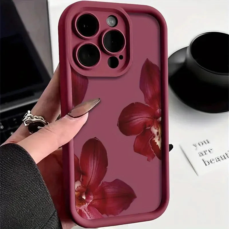 Wine Red Orchid Flower Case for iPhone 17 16 15 14 13 12 11 Pro Max Plus