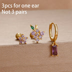 3pcs Purple Cubic Zirconia Piercing Earring Set Stainless Steel