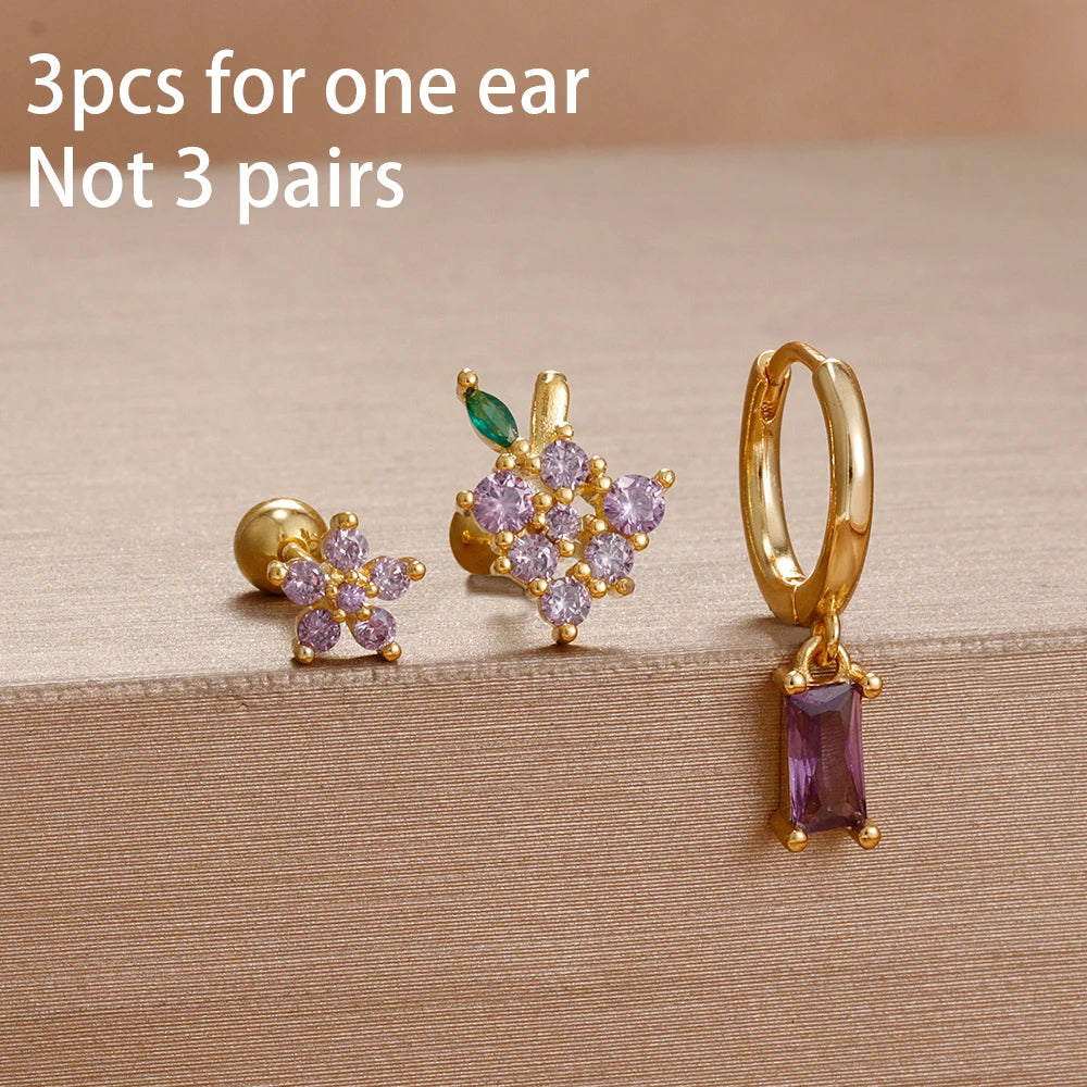 3pcs Purple Cubic Zirconia Piercing Earring Set Stainless Steel