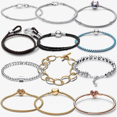 New 925 Silver Sparkling Heart to Heart Double Loop Leather Rope Weaving Bracelet Fashion DIY Charm Exquisite Jewelry Gift