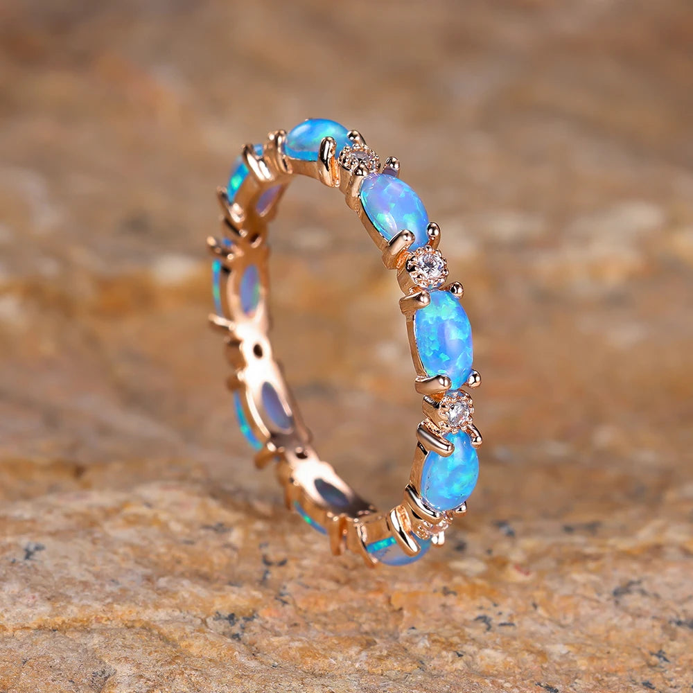 Bride Small Oval Stone Ring White Fire Opal Stacking Rings For Women Silver Gold Color Luxury Zircon Lover Wedding Bands Jewelry