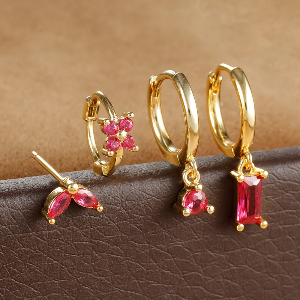 4PCS Stainless Steel Huggies Hoop Earrings Rose Red Crystal Zirconia