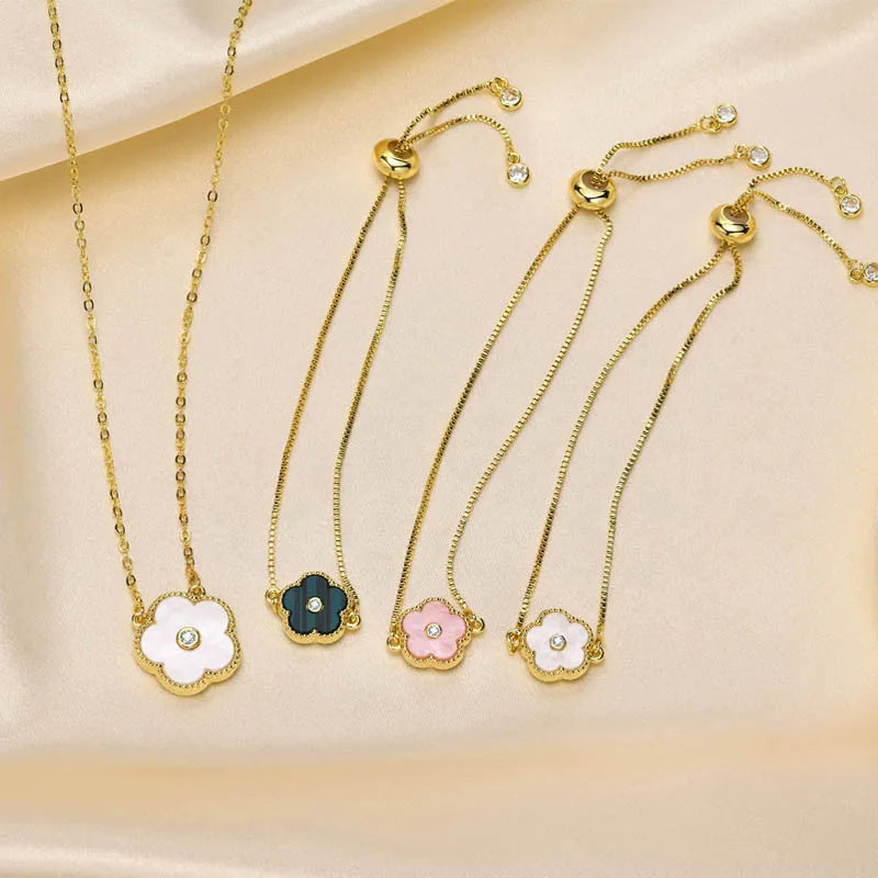 Stainless Steel Leaf Flower Bracelet Adjustable Woman Girl AAA Zirconia Inlay Christmas Gift