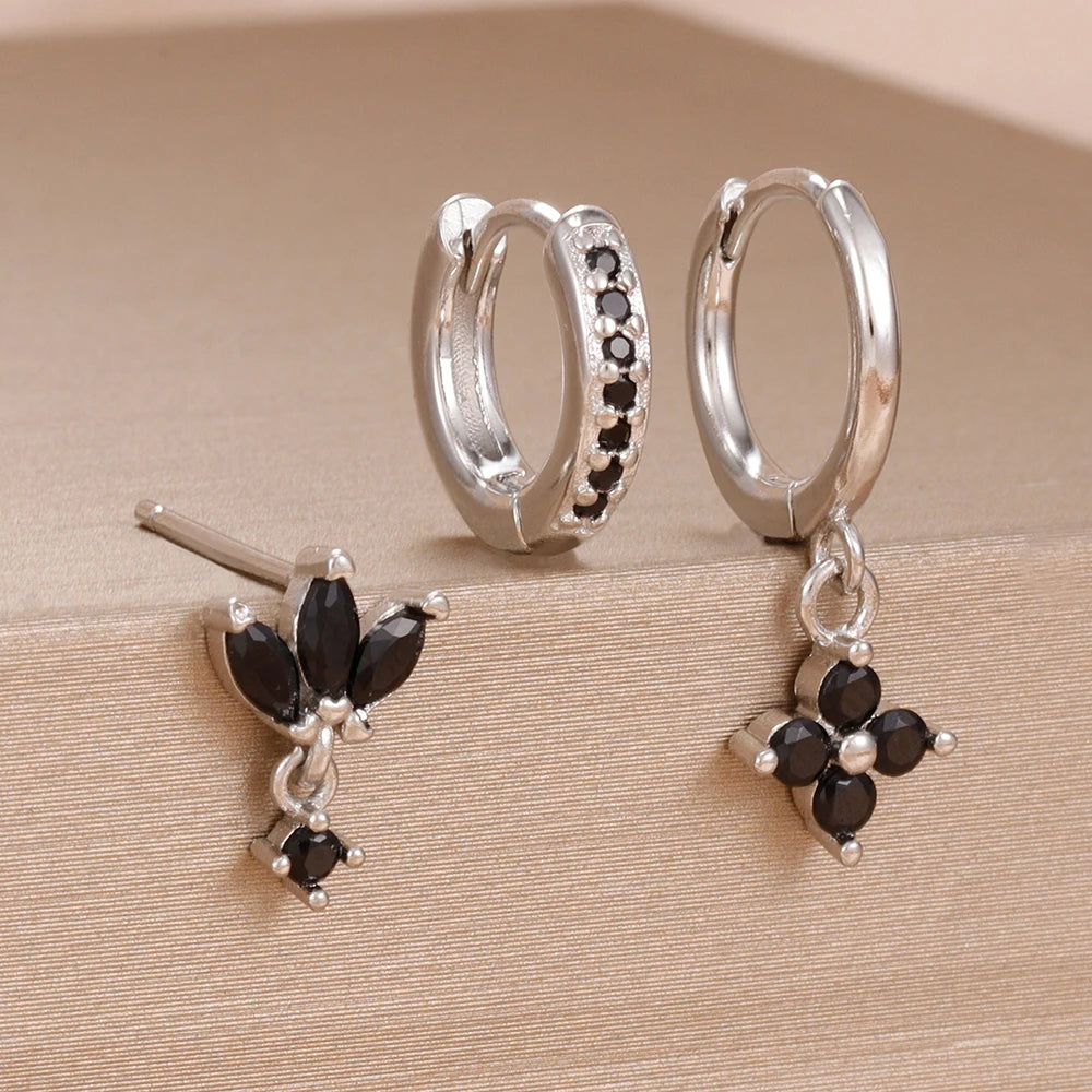 3PCS Fashion Orange Blue Zircon Hanging Earrings Stainless Steel Flower