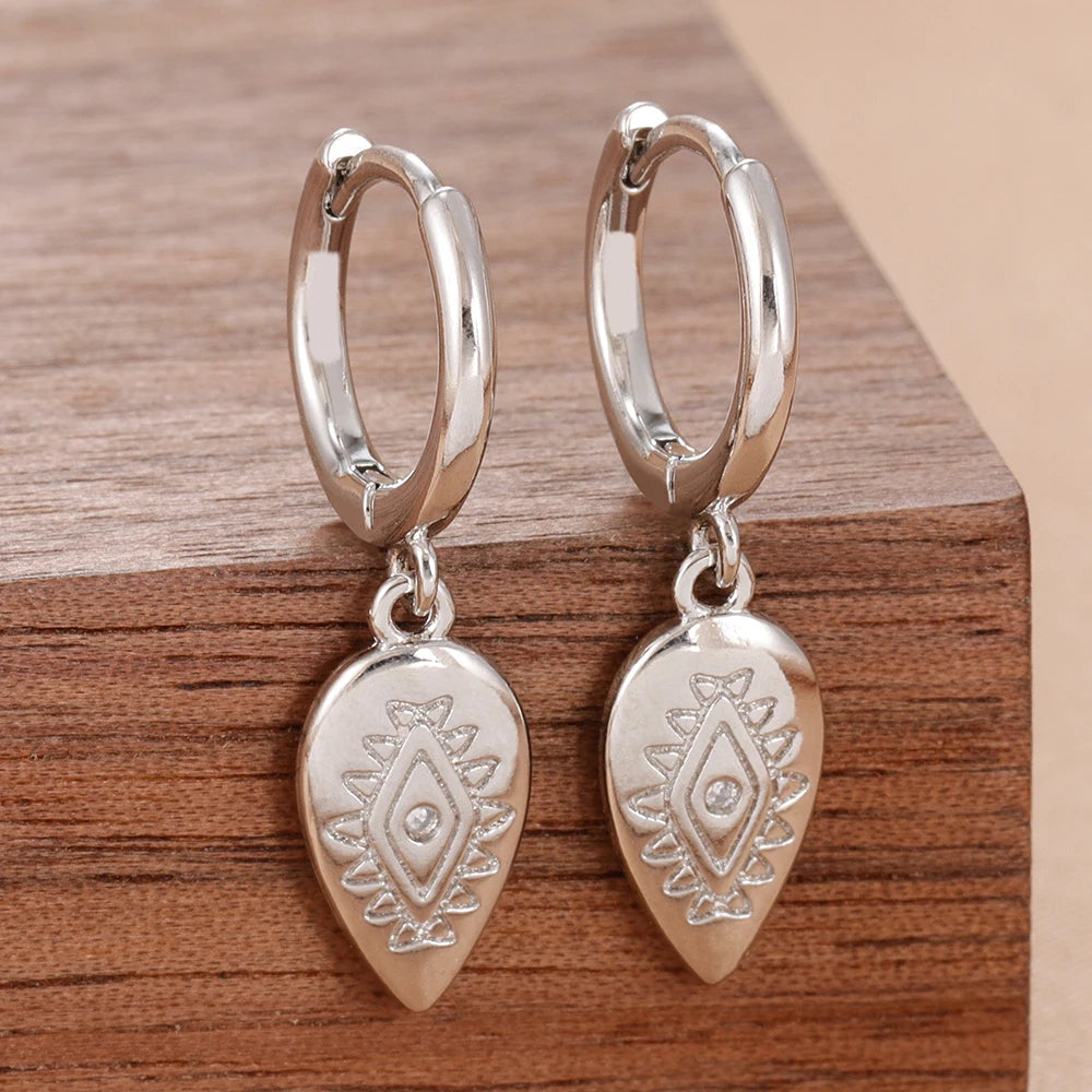 2PCS Fashion Stainless Steel Leaf Evil Eye Dangle Earrings 14K Gold