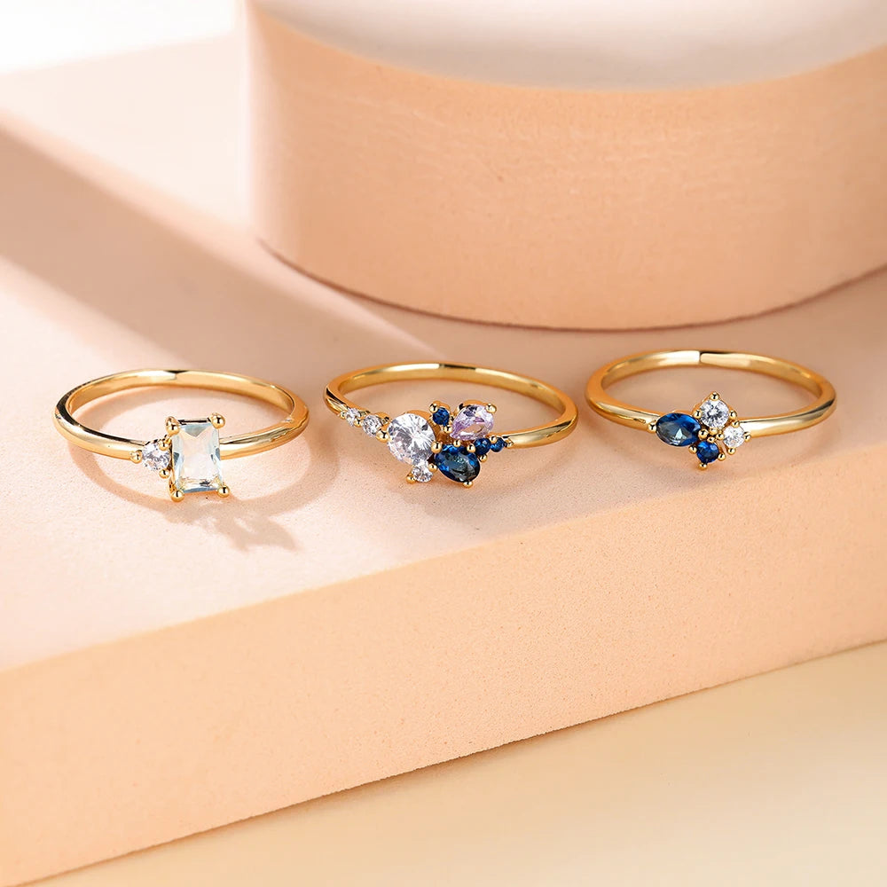 Luxury Royal Blue Purple White Zircon Triple Ring Set Rose Gold Color Stacking Thin Rings For Women Bridal Wedding Bands Jewelry