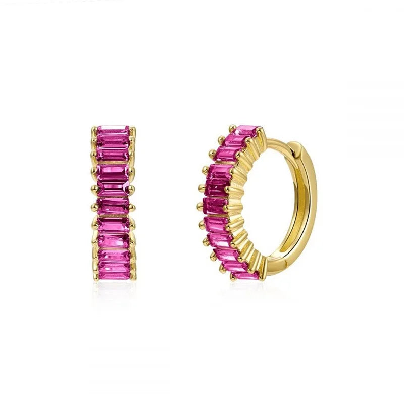2PCS Stainless Steel Circle Hoop Earrings Colourful Zircon Crystal