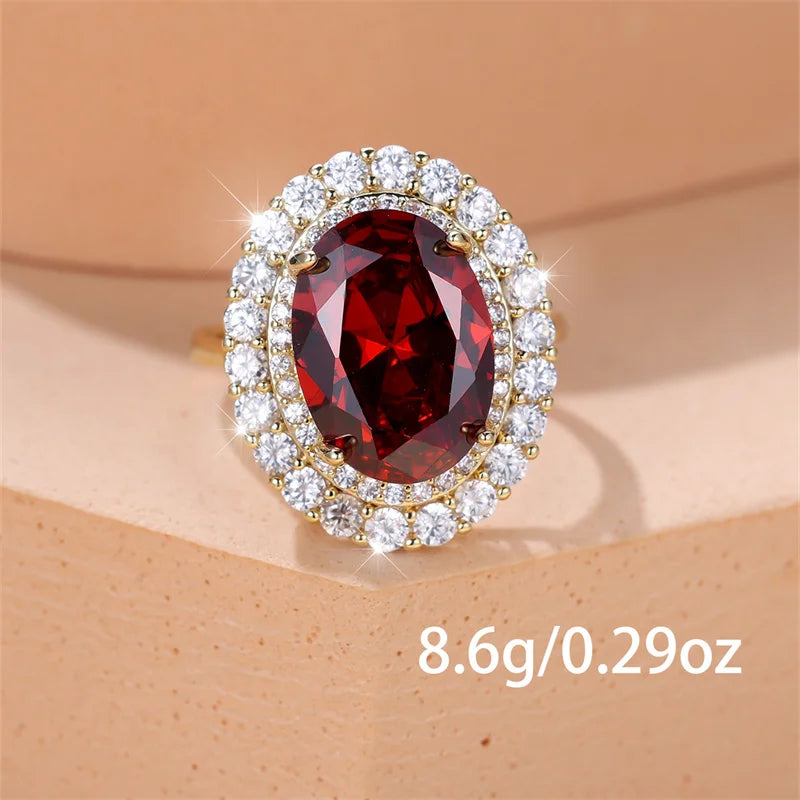 Female Luxury Big Red Stone Oval Wedding Bands Antique Gold Color Vintage Zircon Adjustable Engagement Cocktail Ring Jewelry CZ