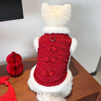 Festive Red Plush Vest Dog Cat Embroidered Costume Warm Sleeveless Jacket