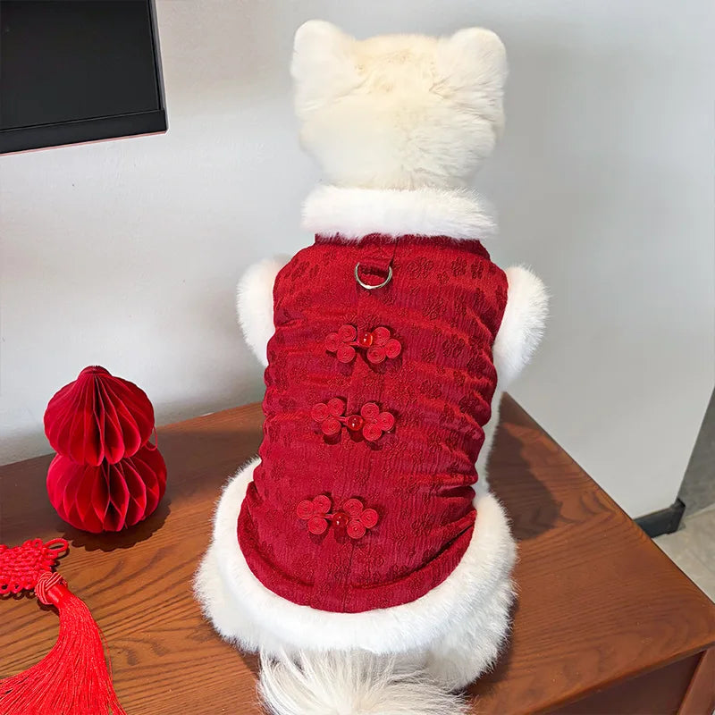 Festive Red Plush Vest Dog Cat Embroidered Costume Warm Sleeveless Jacket