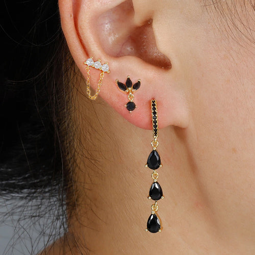 3PCS Stainless Steel Long Chain Two Hole Piercing Earrings Tassel