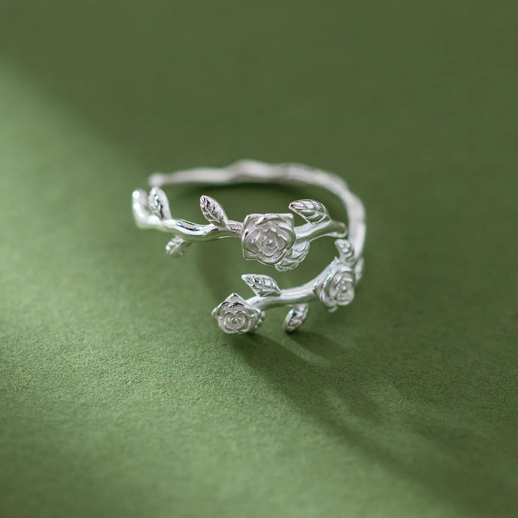925 Sterling Silver Roses Branch Adjustable Ring Engagement Wedding Female Luxury Accessory