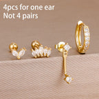 4pcs Korean Stainless Steel Zircon Water Drop Piercing Earrings Set