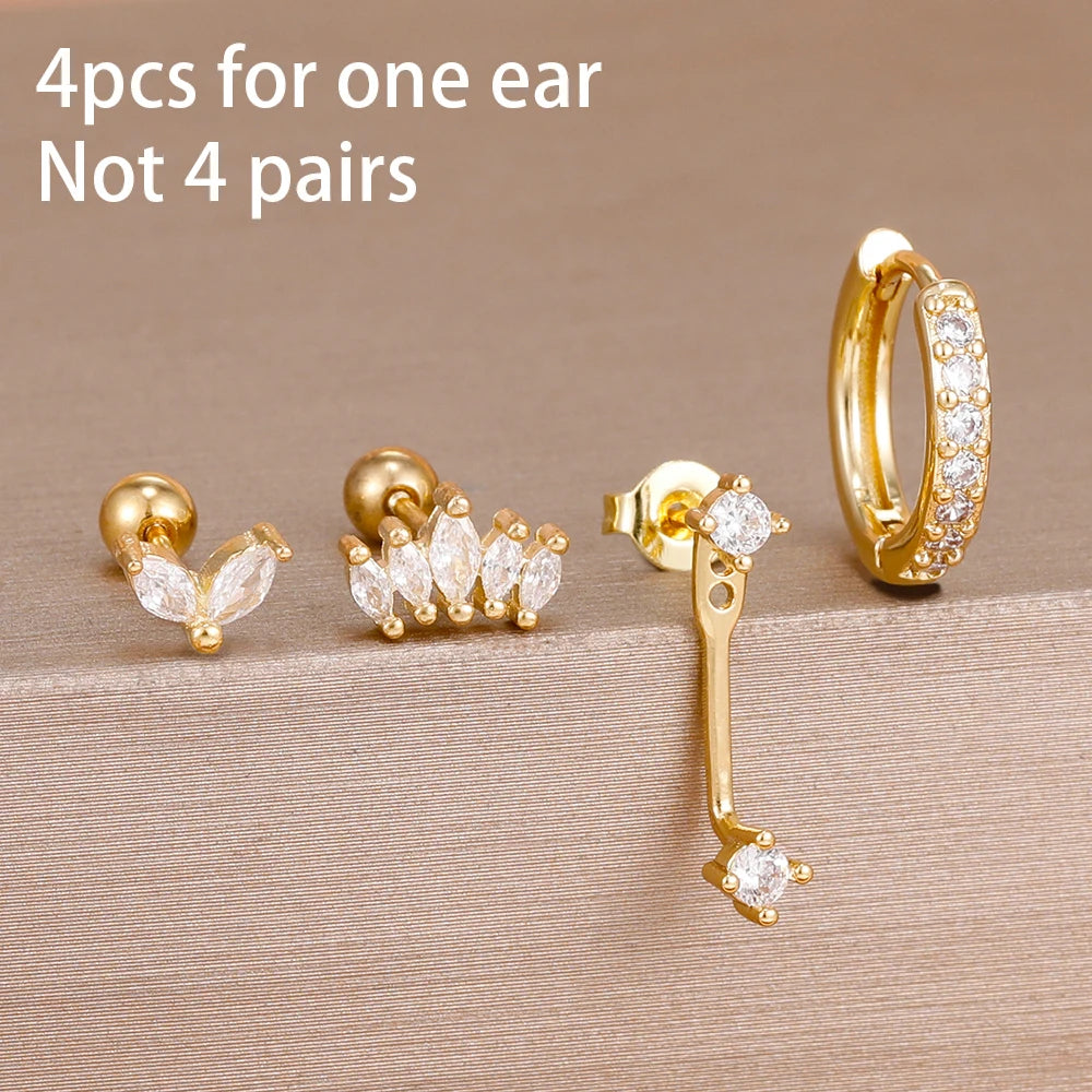 4pcs Korean Stainless Steel Zircon Water Drop Piercing Earrings Set