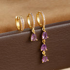 3PCS Stainless Steel Water Drop Hoop Earrings 18K Gold Plated Zirconia