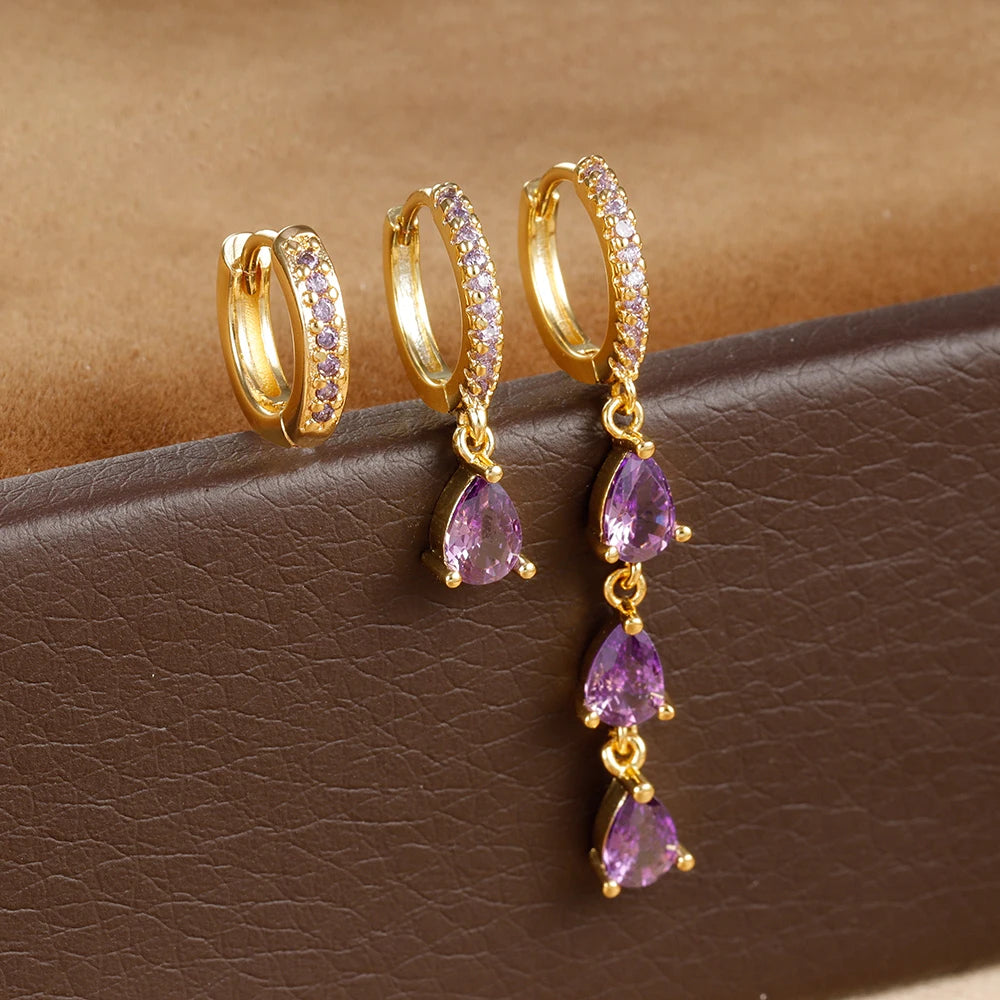 3PCS Stainless Steel Water Drop Hoop Earrings 18K Gold Plated Zirconia