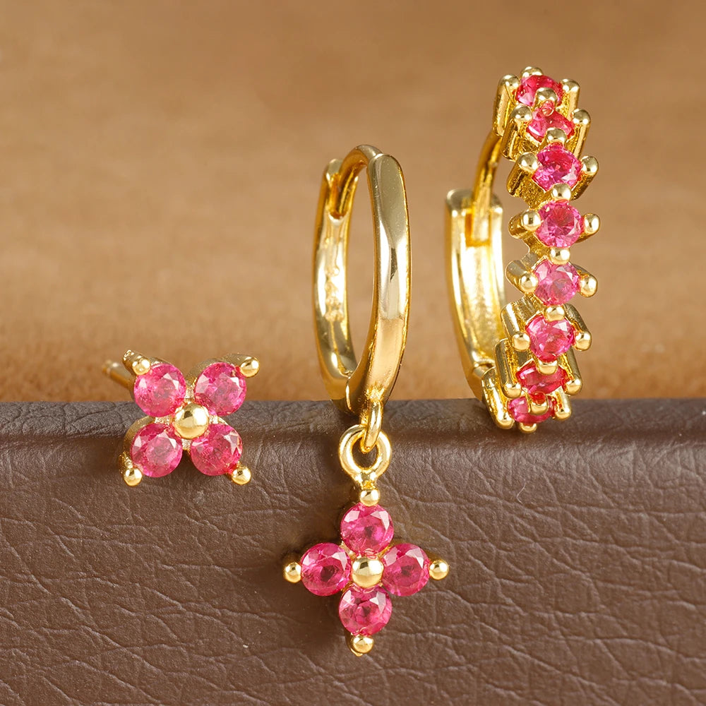 3PCS Vintage Stainless Steel Multicolor Zirconia Hoop Earrings Set