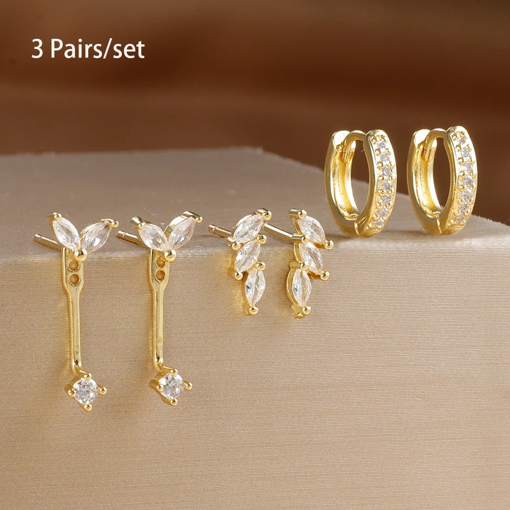3 Pairs Exquisite Zircon Little Huggies Hoop Earrings Set Steel