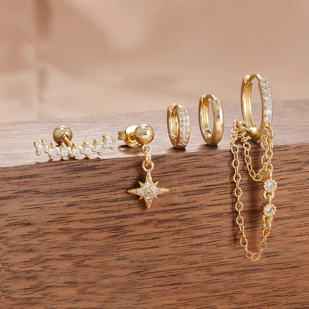 5PCS Crystal Zirconia Stainless Steel Hoop Earrings Star Chain