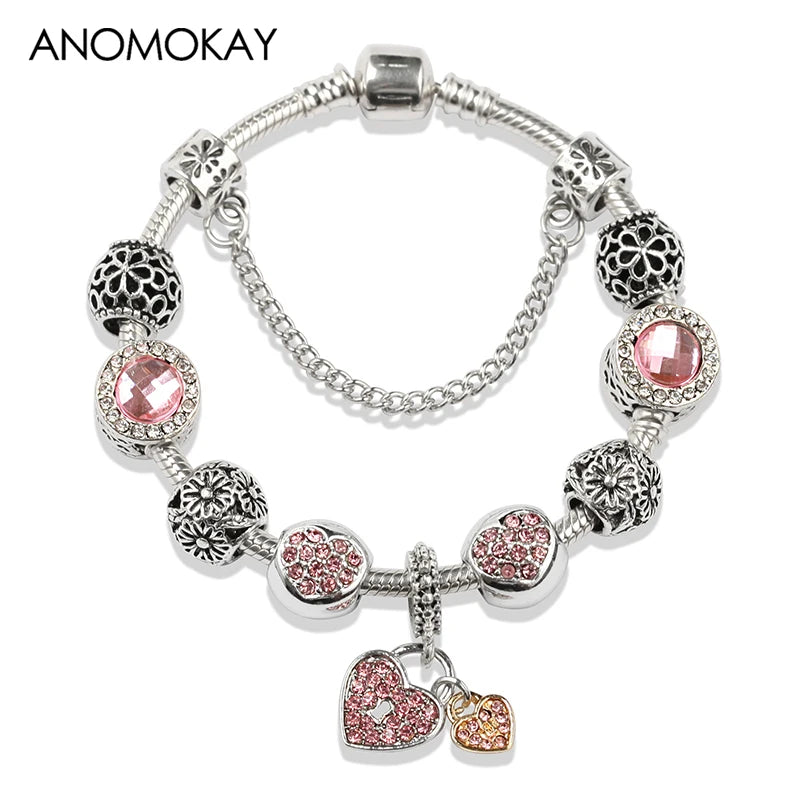 Romantic Pink Heart Charm Bracelet Fine Crystal DIY Bead Bangle Gift