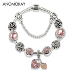 Romantic Pink Heart Charm Bracelet Fine Crystal DIY Bead Bangle Gift