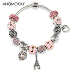 Romantic Pink Heart Charm Bracelet Fine Crystal DIY Bead Bangle Gift
