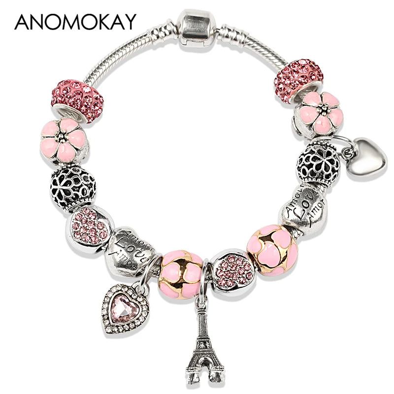 Romantic Pink Heart Charm Bracelet Fine Crystal DIY Bead Bangle Gift