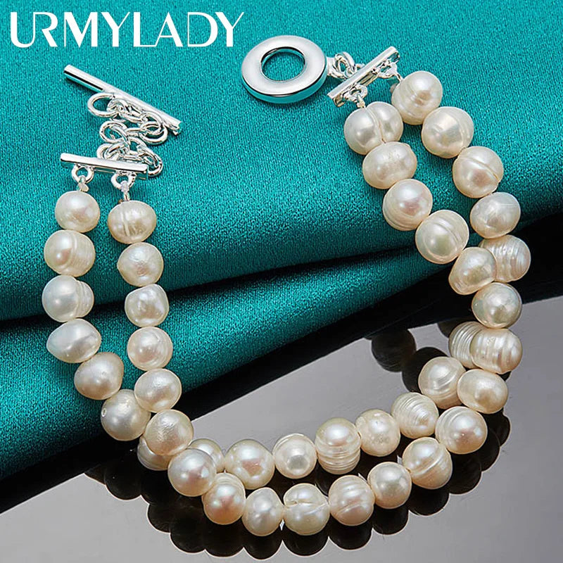 Natural Freshwater Pearl Chain Bracelet 20cm 925 Sterling Silver Wedding Gift