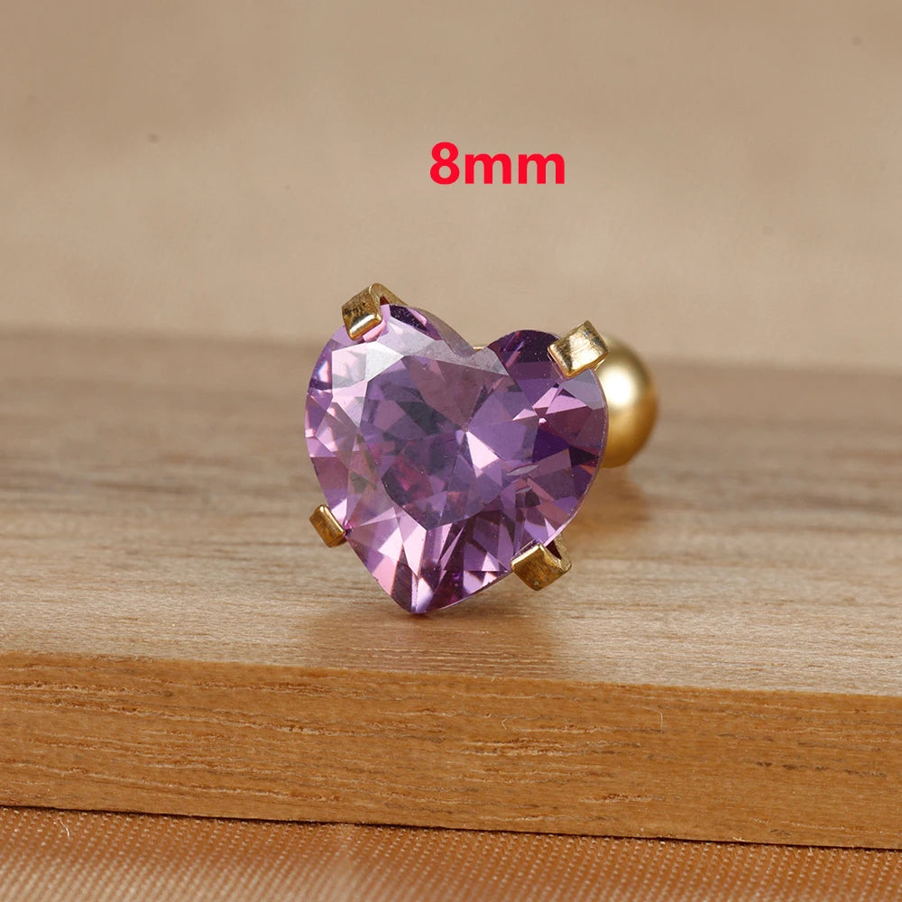 1PC Heart Stainless Steel Ear Studs Purple Crystal Stud 3-8mm