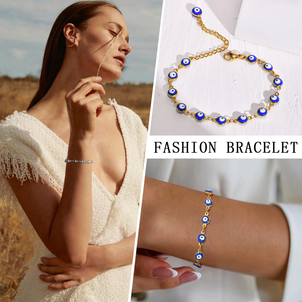 Evil Eye Bracelet,stainless Steel Chain Blue Eye Bracelet Stackable Adjustable Link, Protection Amulet Jewelry