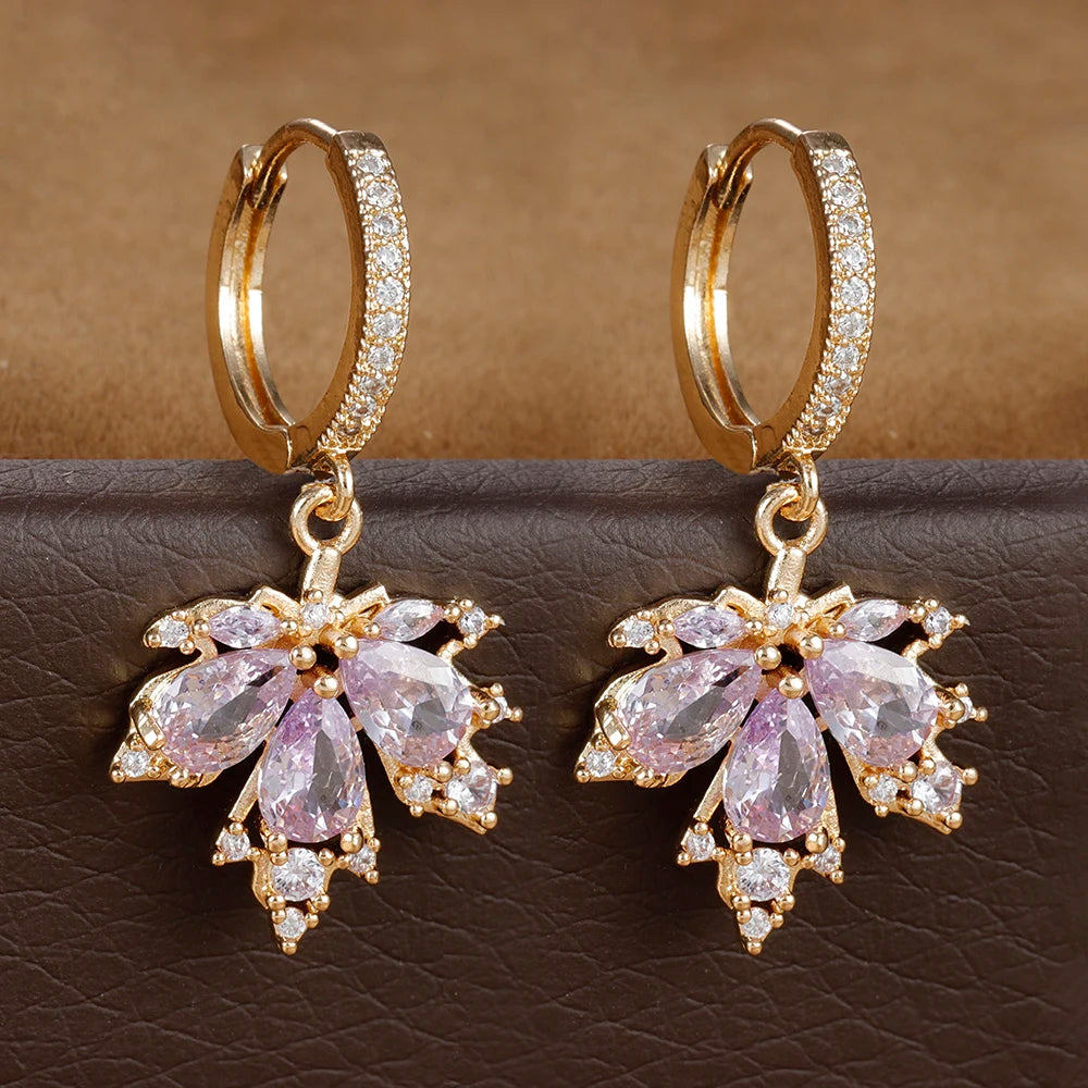 2pcs Vintage Crystal Zircon Maple Leaf Earrings Women Hoop Piercing