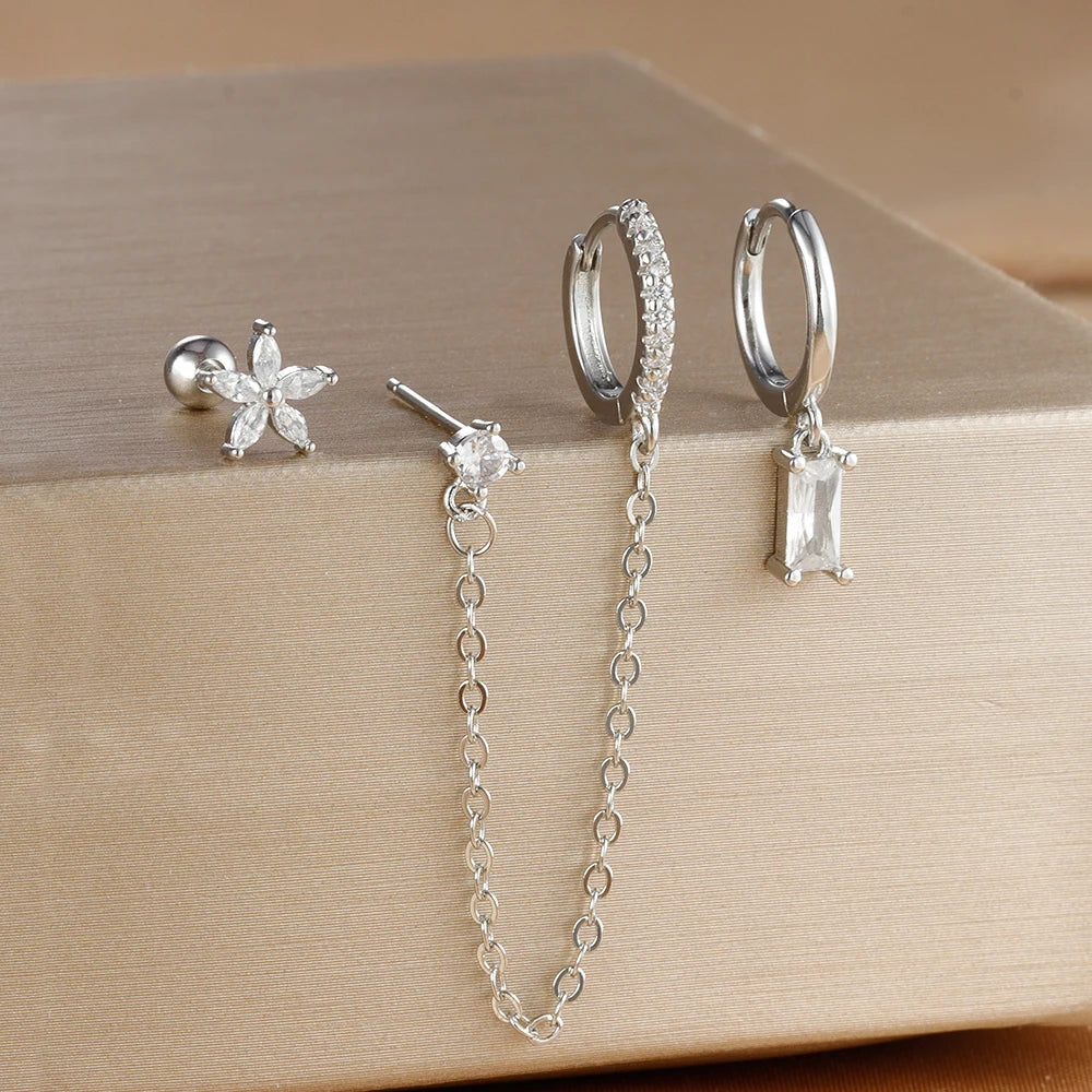 3PCS Gold Colour Chain Flower Drop Earrings Zircon Dangle Earring
