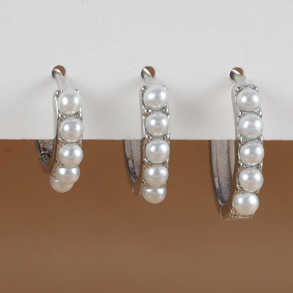 3PCS Stainless Steel Little Pearl Hoop Earrings Small Round Circle